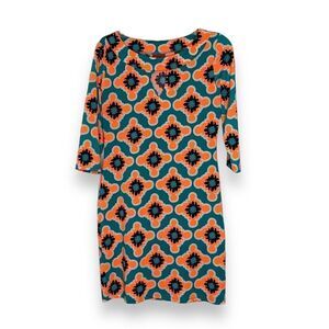 Tracy Negoshian Dress XS Neon Orange Teal White Geometric Ruffle 3/4 Sleeve Mini